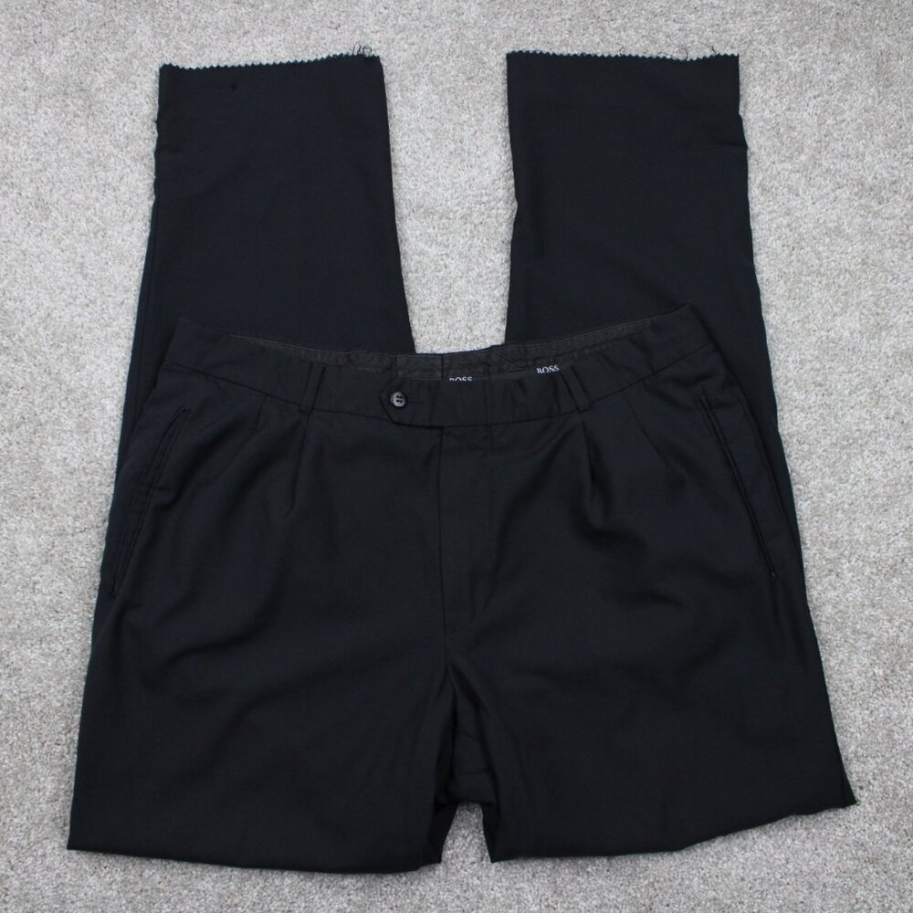 BOSS Hugo Boss Prost Dress Pants Mens 38x34 Black Virgin Wool Pleated Unhemmed